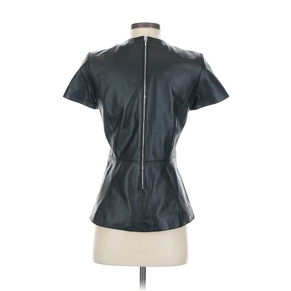 Neiman Marcus Leather Peplum Top Shirt Black Crew Neck Rear Zipper Small - Picture 2 of 3